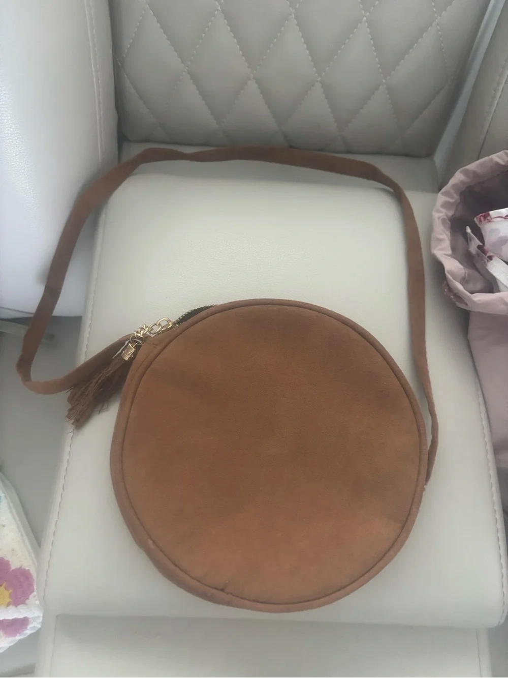 Round Suede Crossbody Bag in Brown